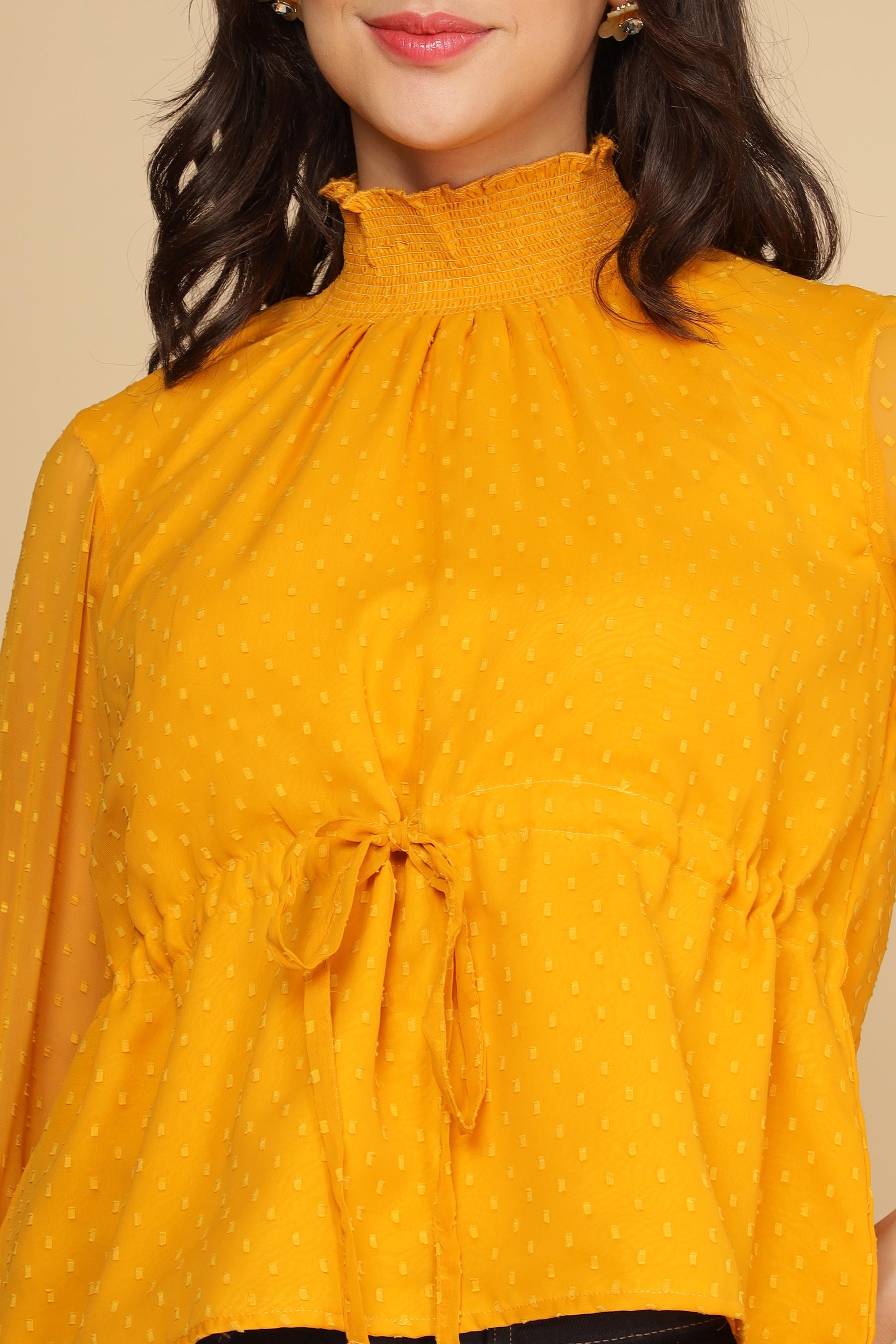 Elegant women's sunshine chiffon top in vibrant yellow color.