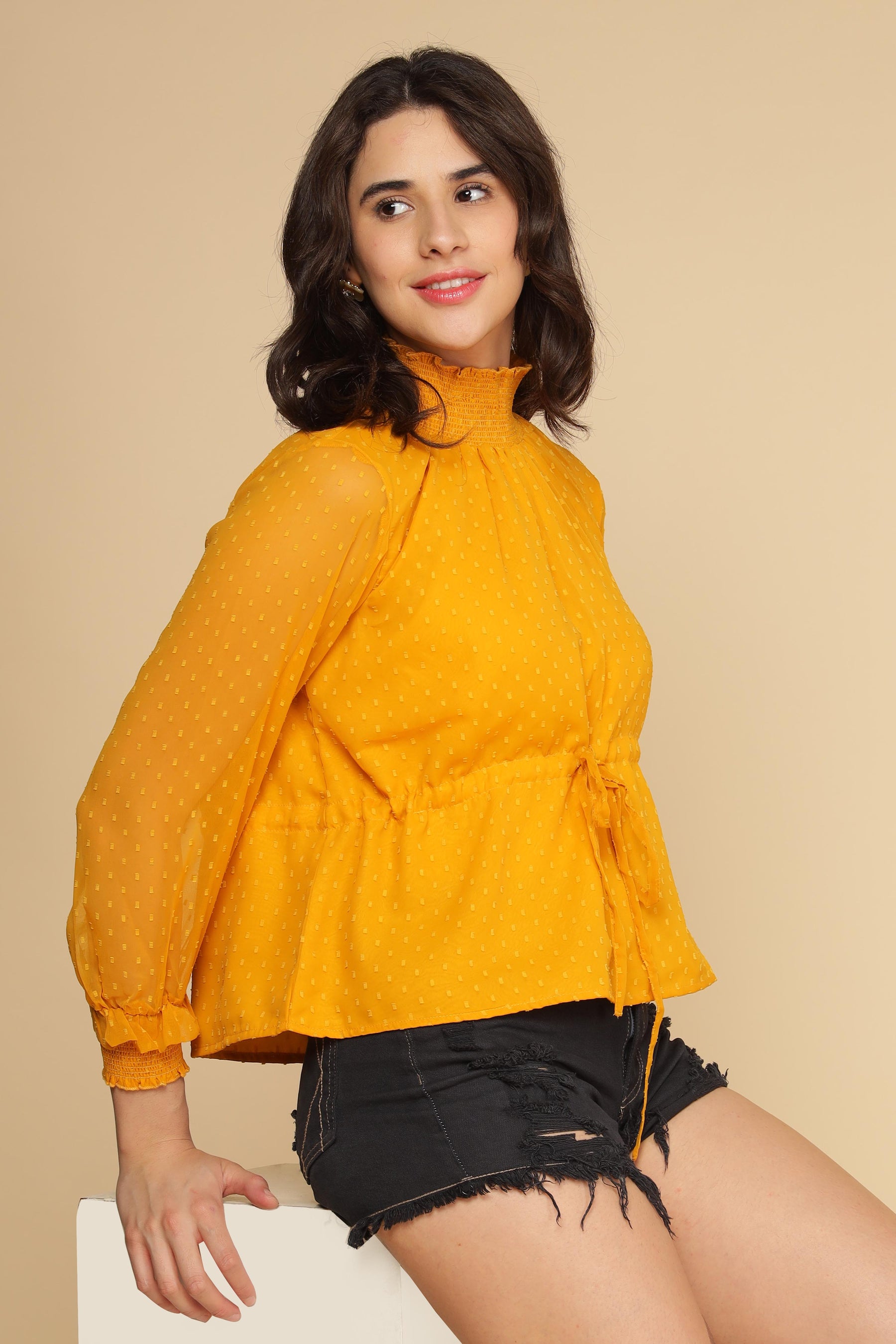 Style your look with the vibrant SUNSHINE CHIFFON TOP in yellow.