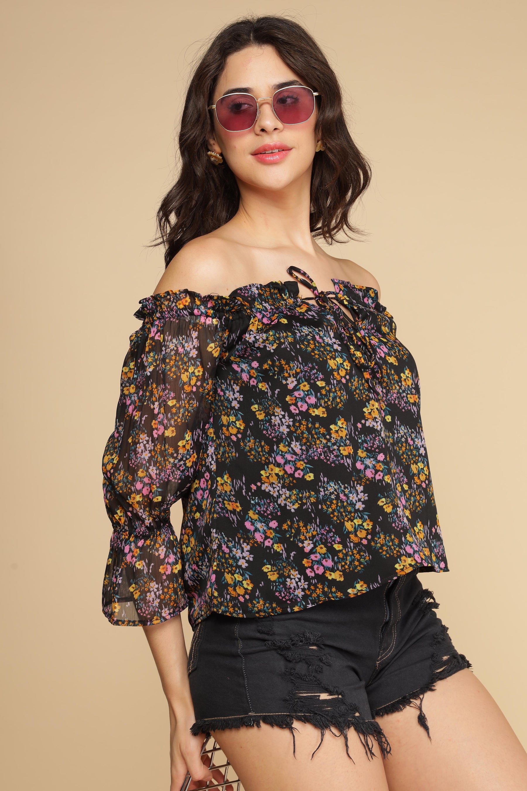 Multi Floral Top on model, stylish and trendy. Perfect for summer fashion.