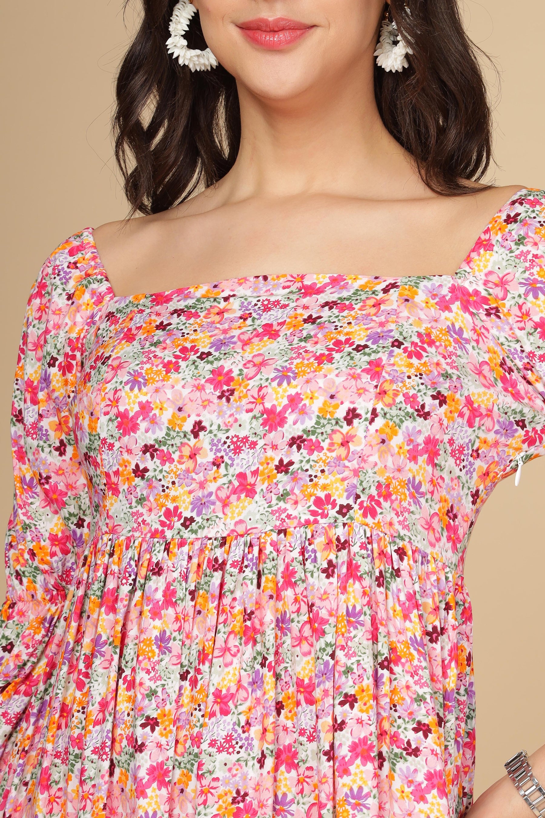 White floral cotton maxi dress, vibrant print, stylish summer outfit.