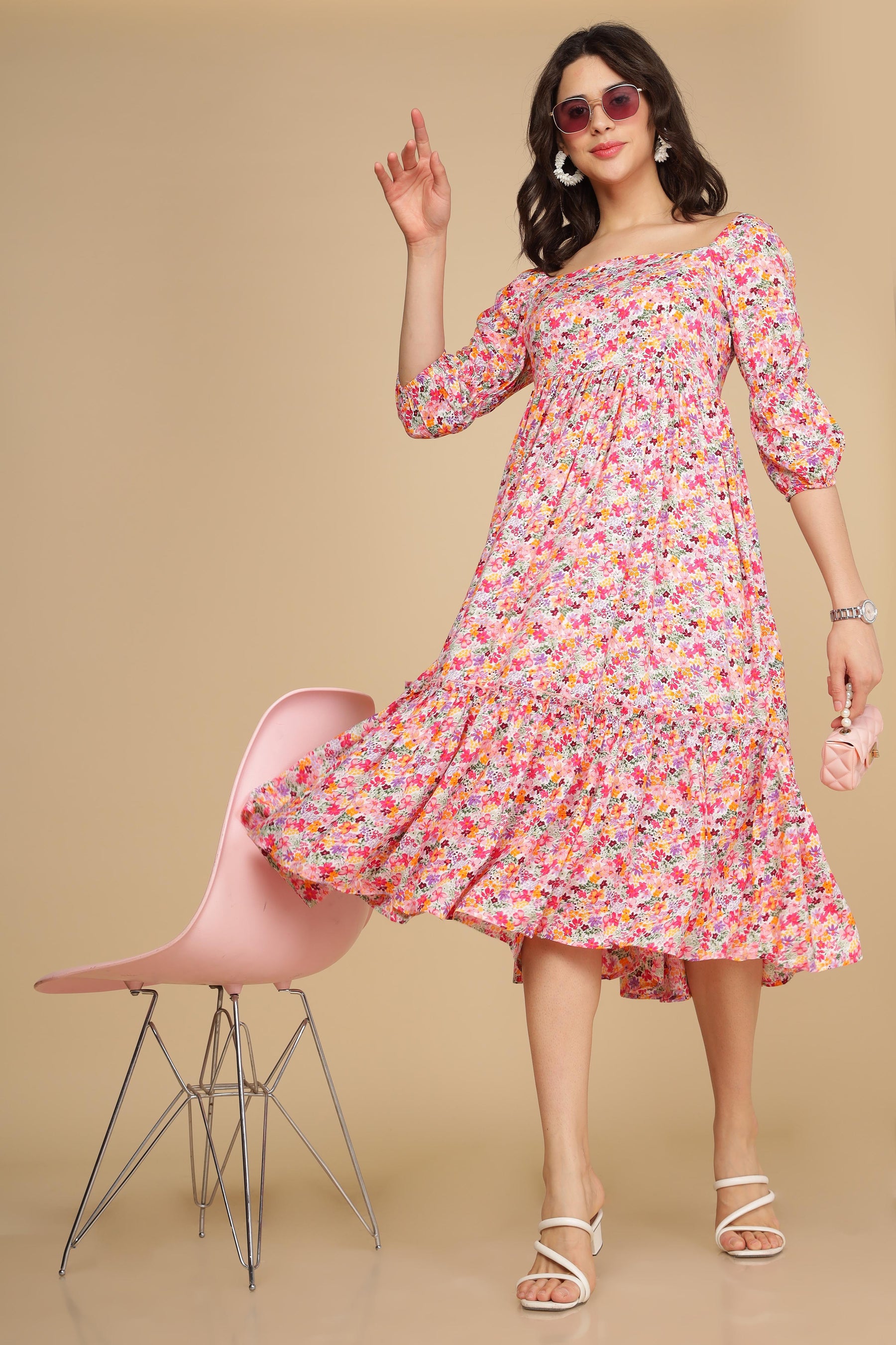 White floral cotton maxi dress styled with accessories.