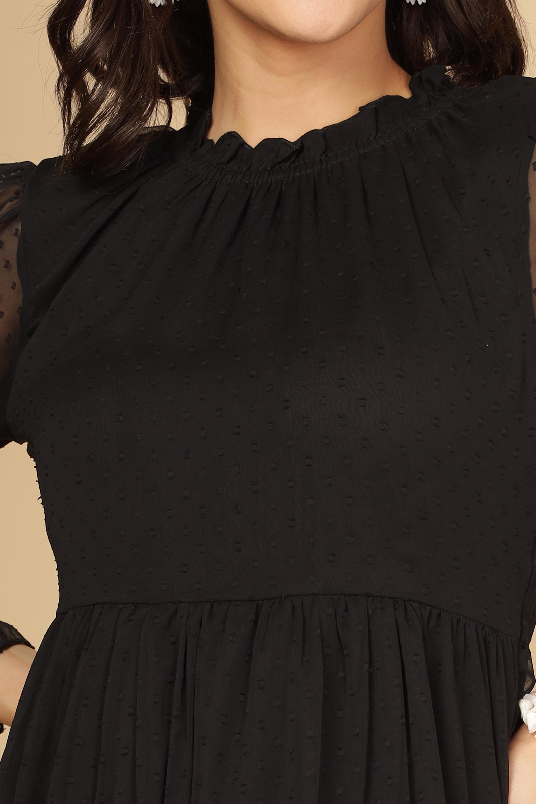 Elegant Little Black Chiffon Midi Dress with Flowy Design