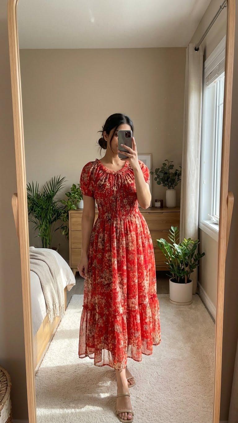 RED FLORAL SMOCKED MAXI