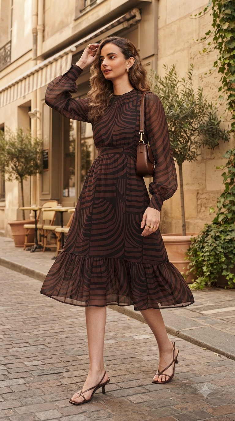 BROWN & BLACK ABSTRACT PRINT PUFF SLEEVE MAXI
