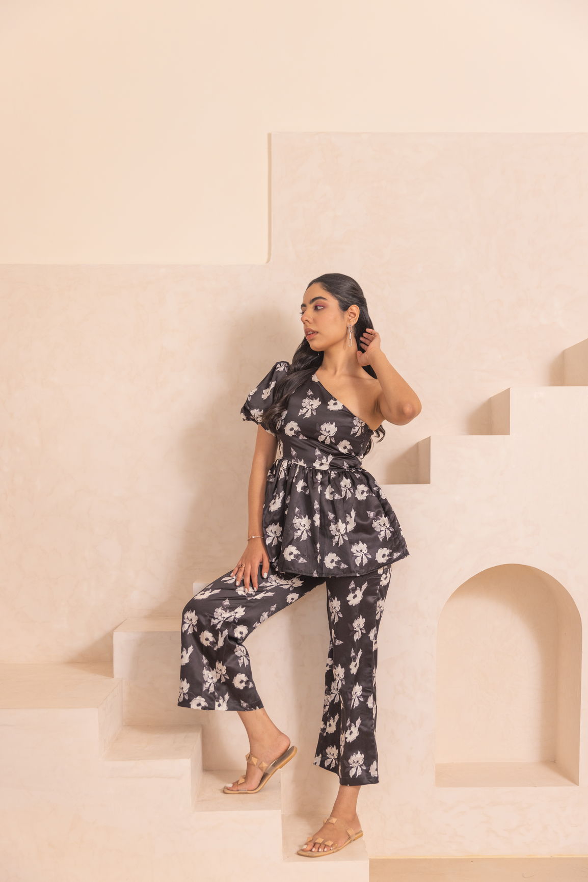 Stylish black floral satin co-ord set for trendy outfits.