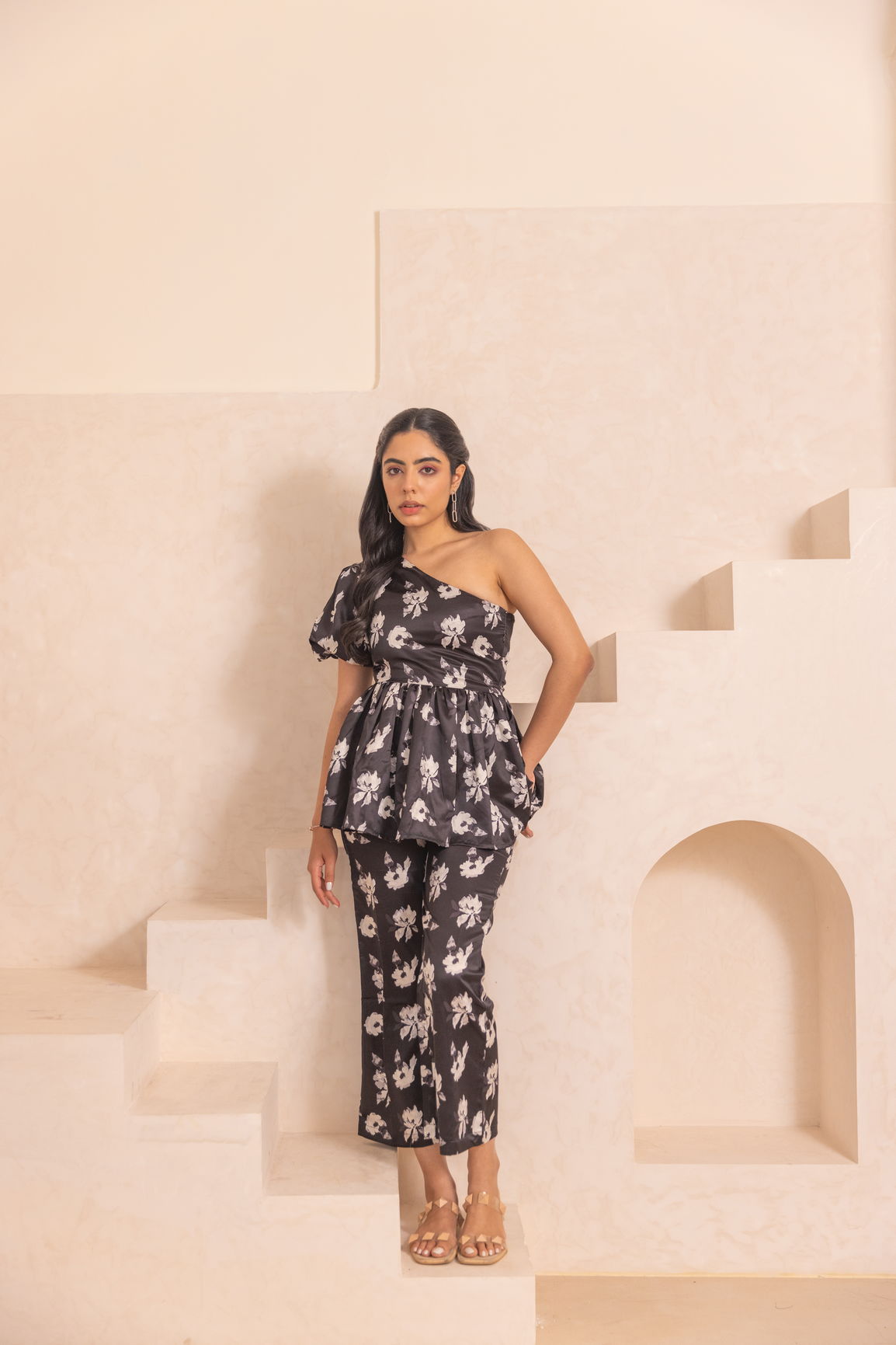 Elegant black floral satin co-ord with stylish one-shoulder top.