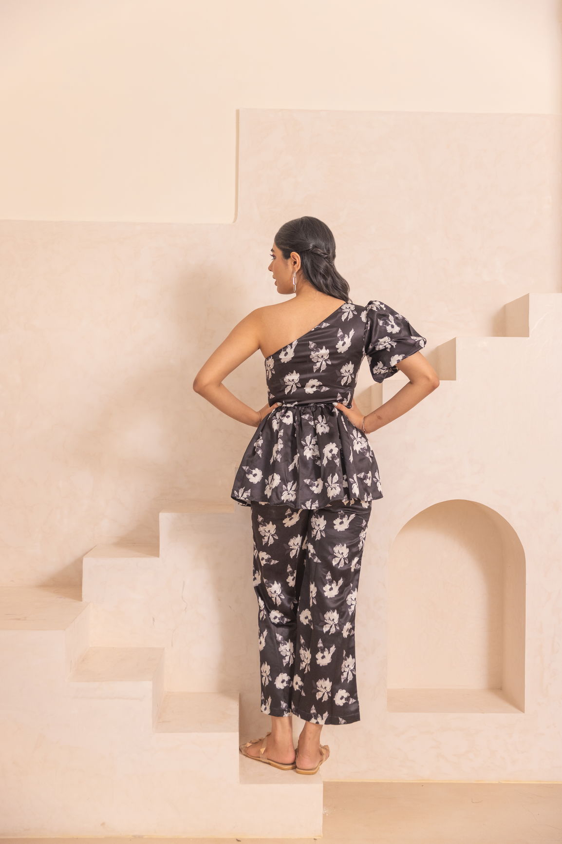 Elegant black floral satin co-ord set for stylish chic looks.