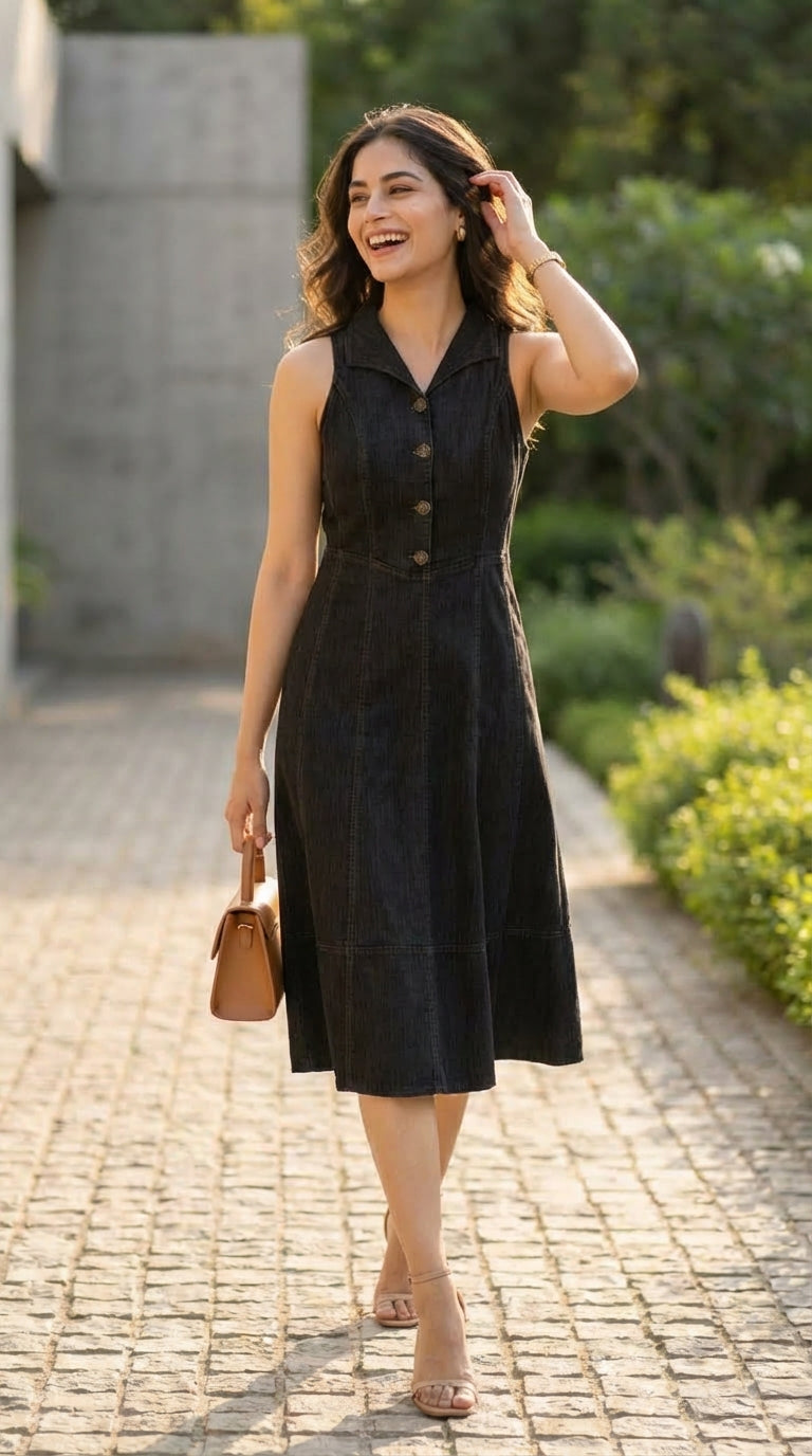 BLACK BUTTONED COTTON DENIM MAXI