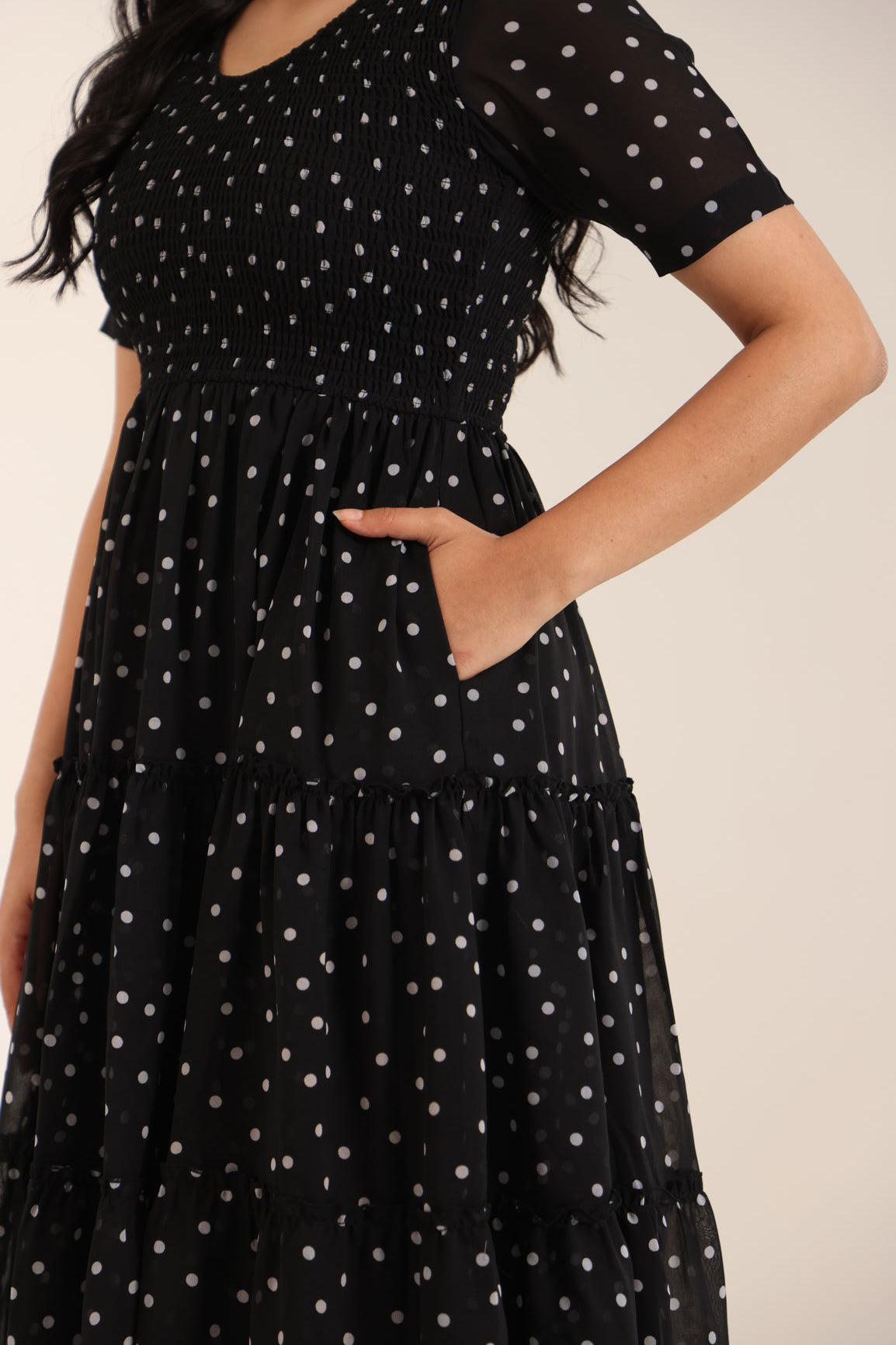 BLACK POLKA SMOCKED MAXI