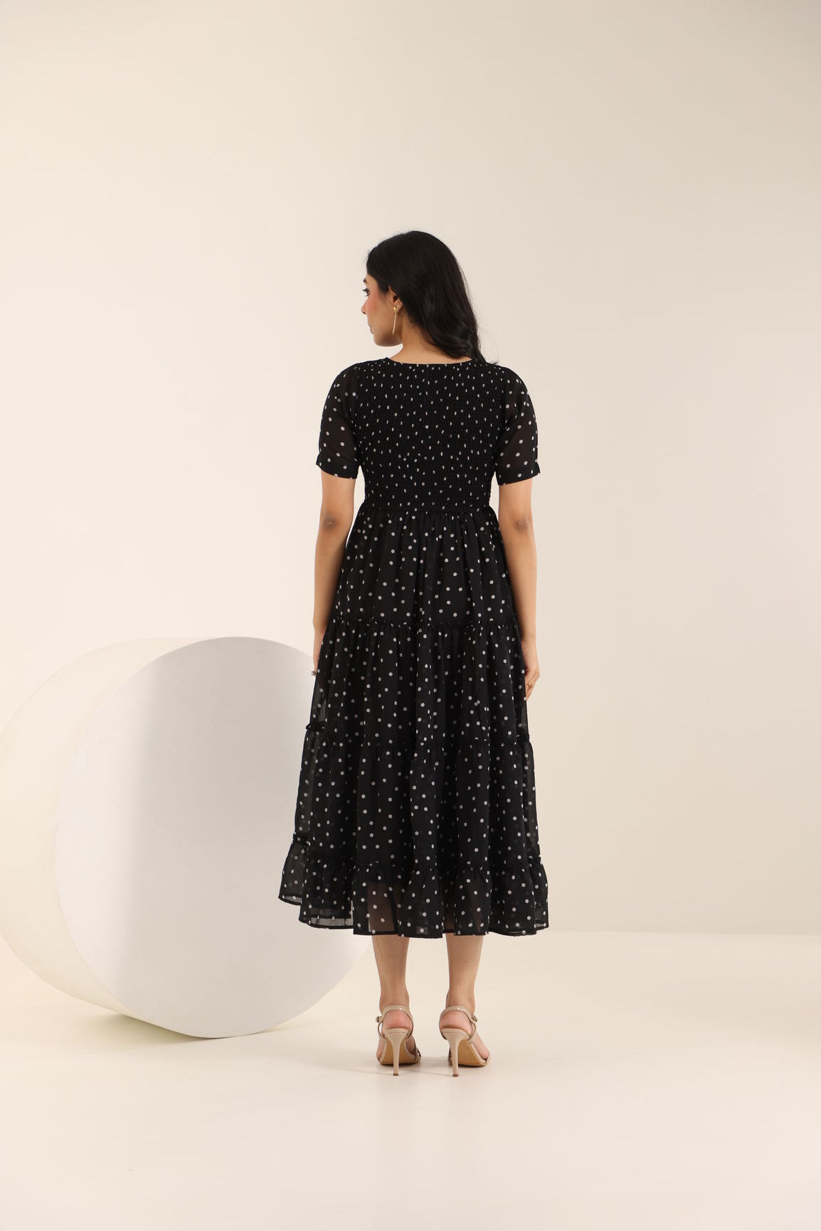 BLACK POLKA SMOCKED MAXI