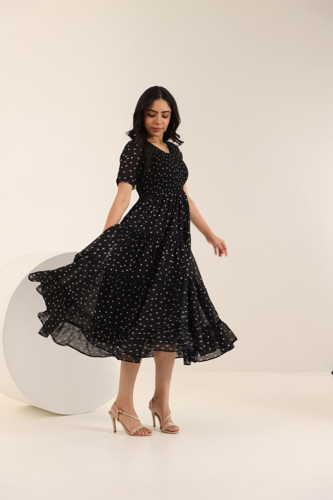 BLACK POLKA SMOCKED MAXI