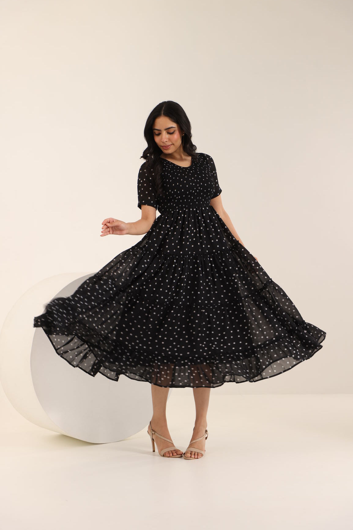 BLACK POLKA SMOCKED MAXI