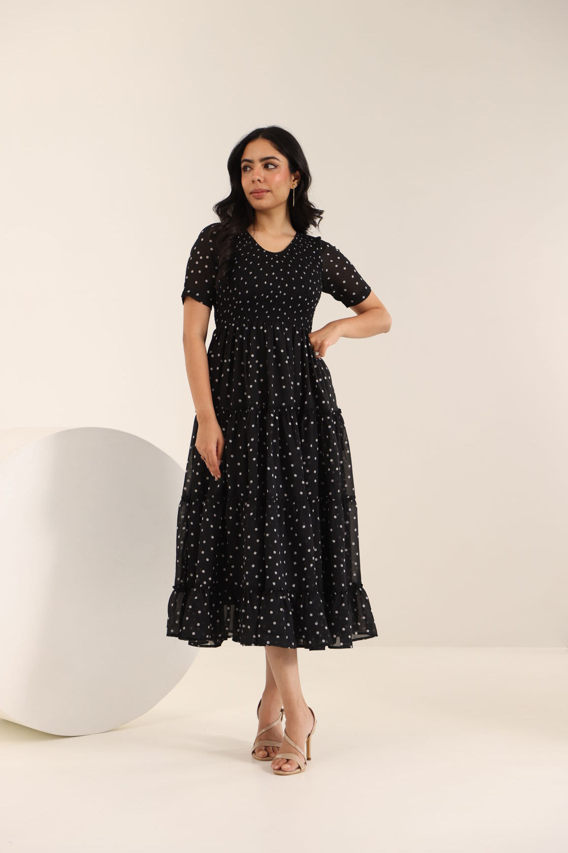 BLACK POLKA SMOCKED MAXI