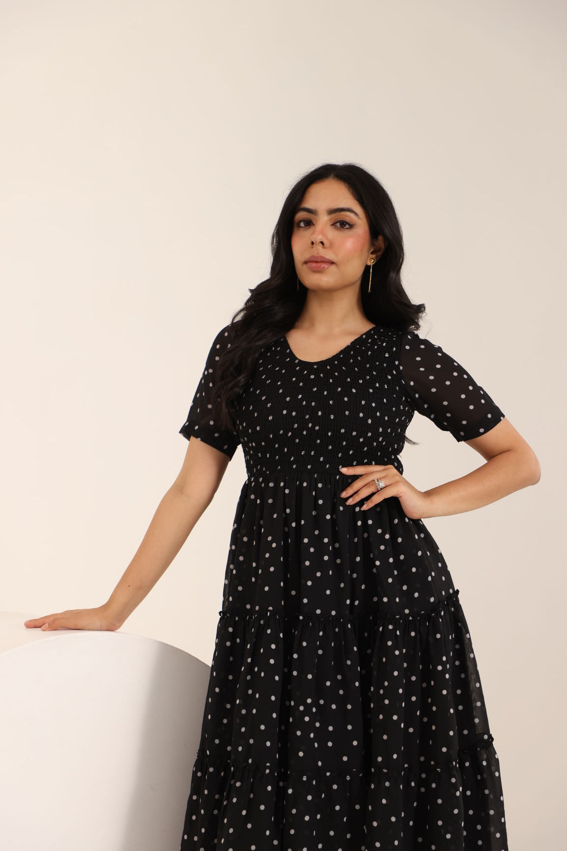 BLACK POLKA SMOCKED MAXI