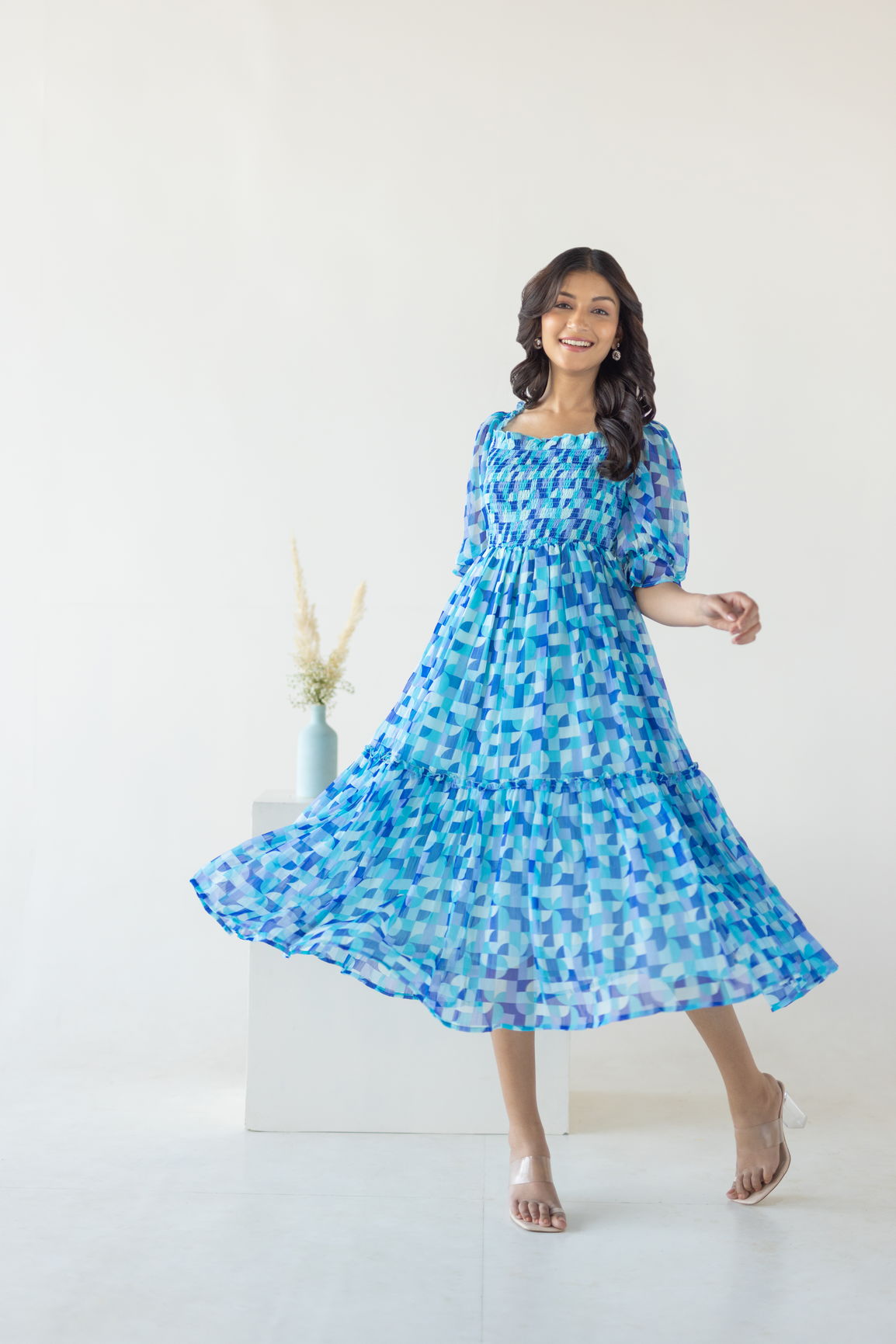 BLUE SMOCKED MOSAIC MAXI
