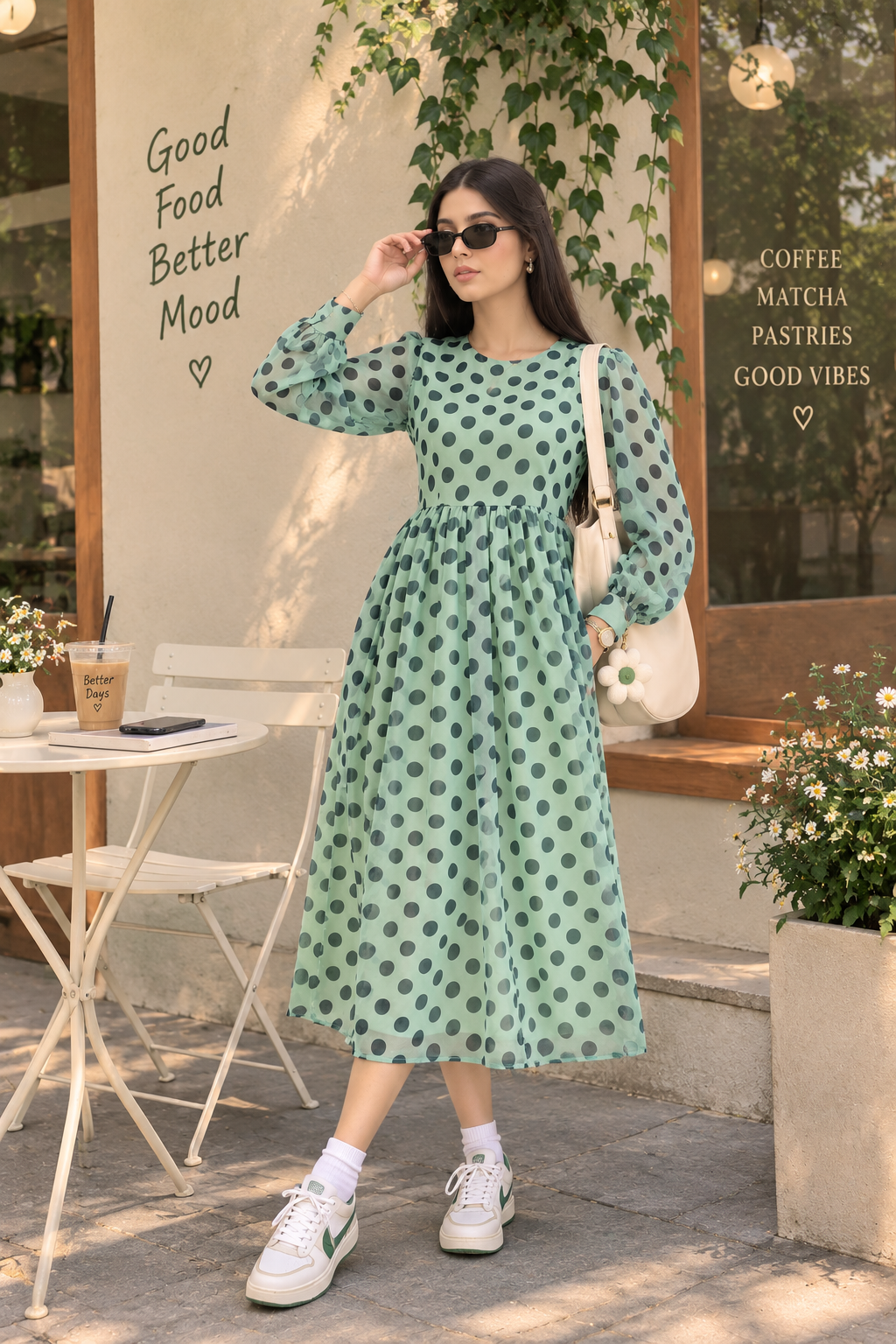green polka dress MAXI Champagne bridesmaid dress