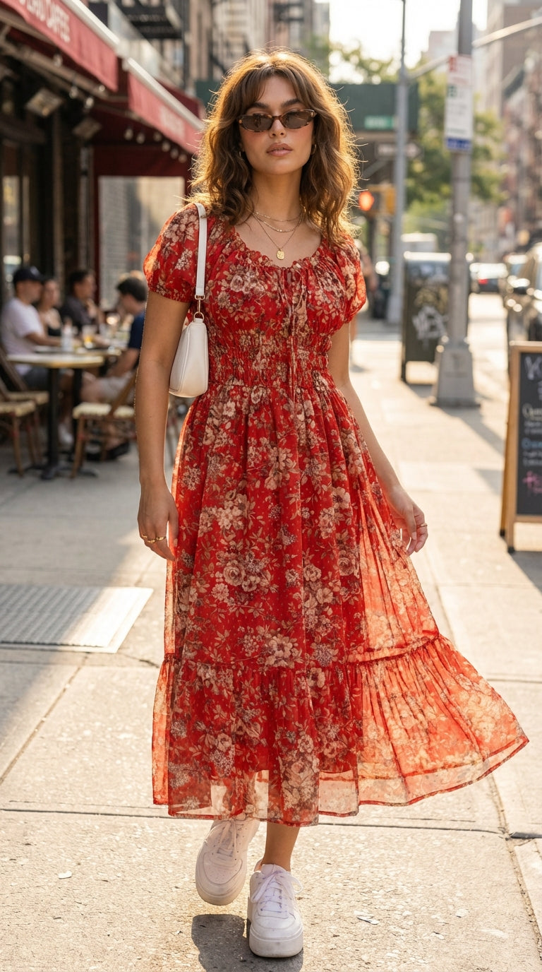RED FLORAL SMOCKED MAXI