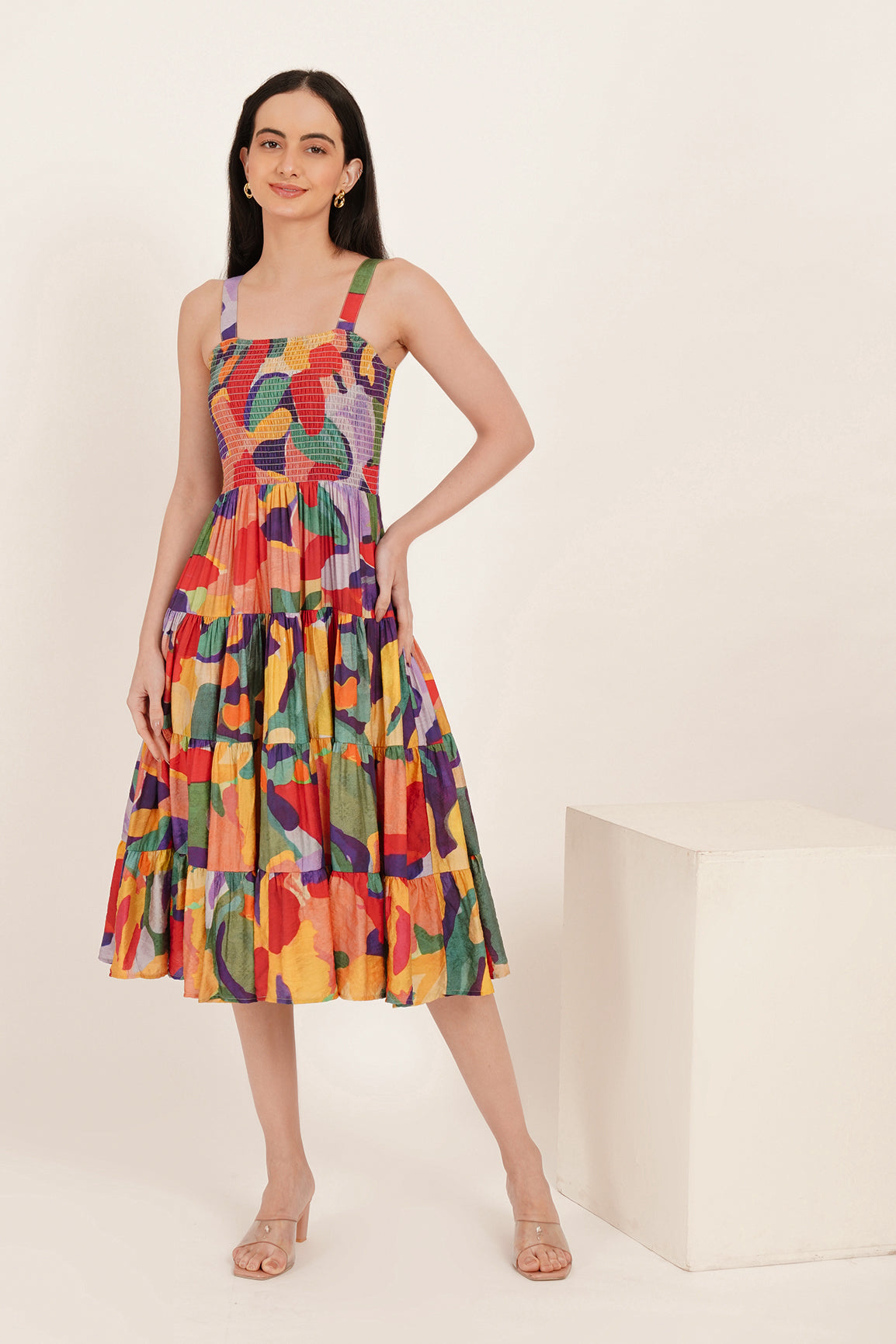 ABSTRACT TIERED SMOCKED MAXI