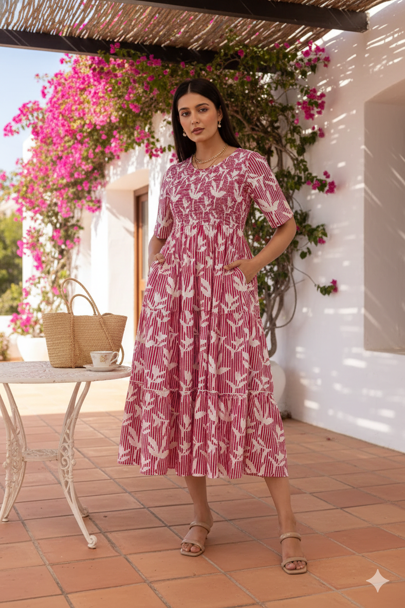 PINK FLORAL & STRIPED COTTON MAXI