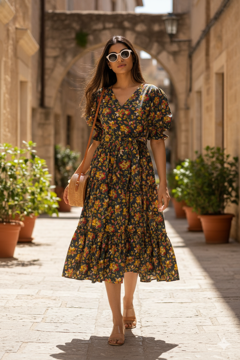 GREEN FLORAL COTTON MAXI DRESS