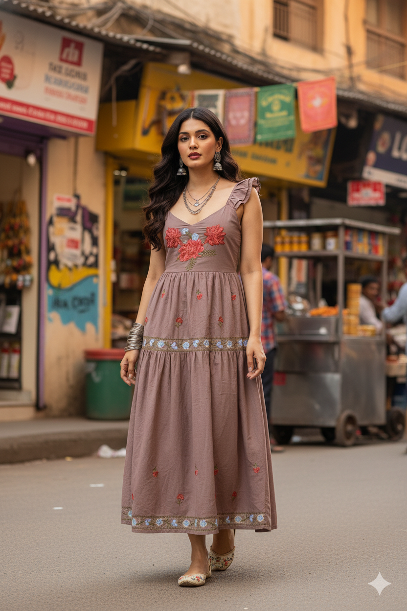 UMBER EMBROIDERY MAXI DRESS