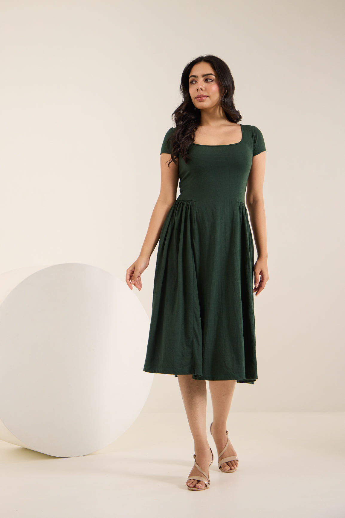 FOREST GREEN COTTON MIDI DRESS - Main Image