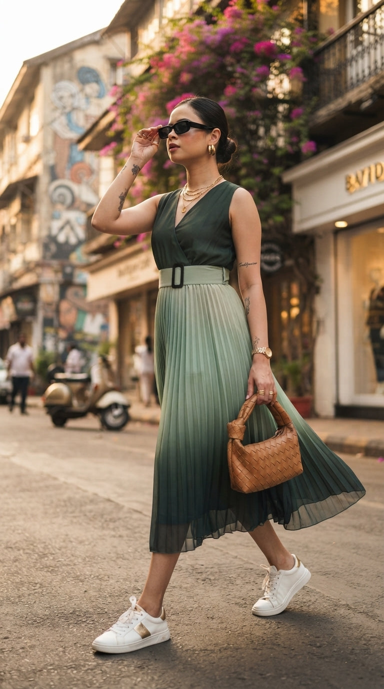 GREEN OMBRE PLEATED MAXI