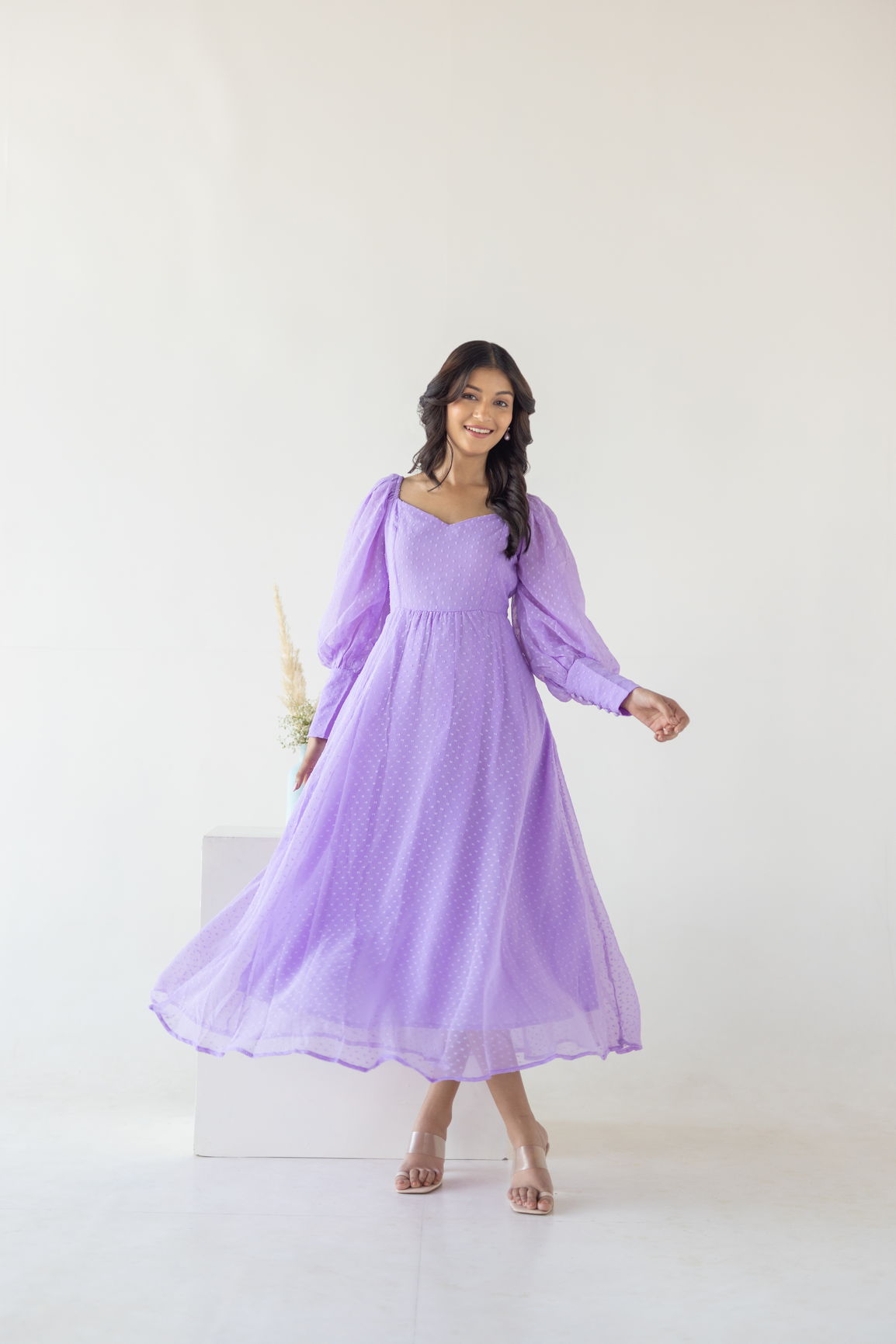 Lilac Princess Maxi dress model in a beautiful flowing gown.