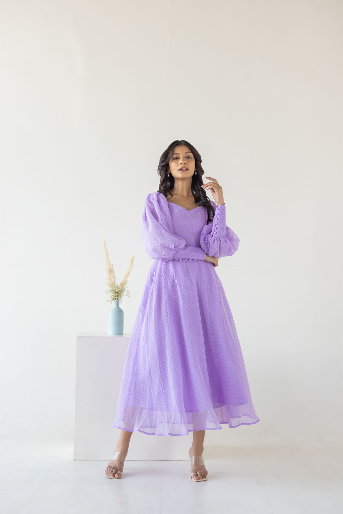 "Lilac Princess Maxi dress on model with stylish accessories."