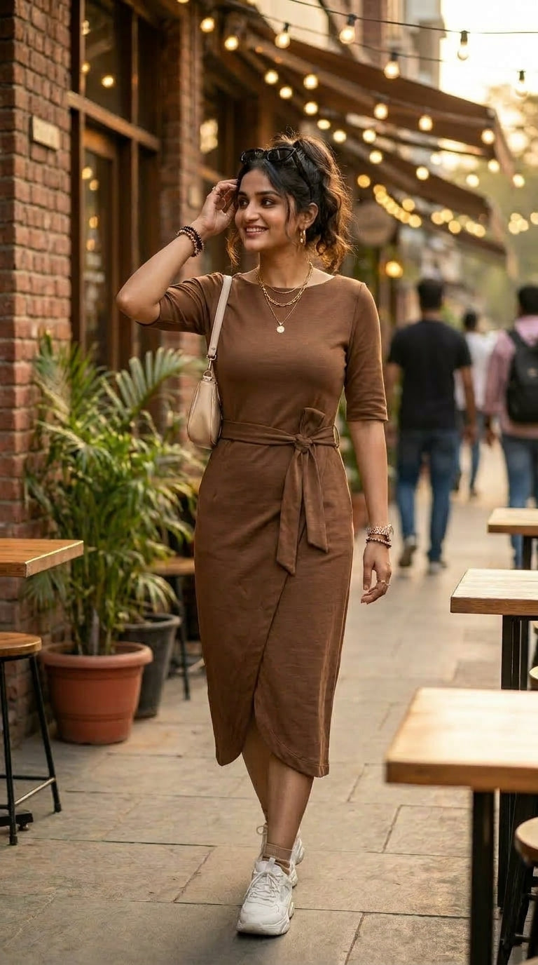 MOCHA TIE MIDI DRESS
