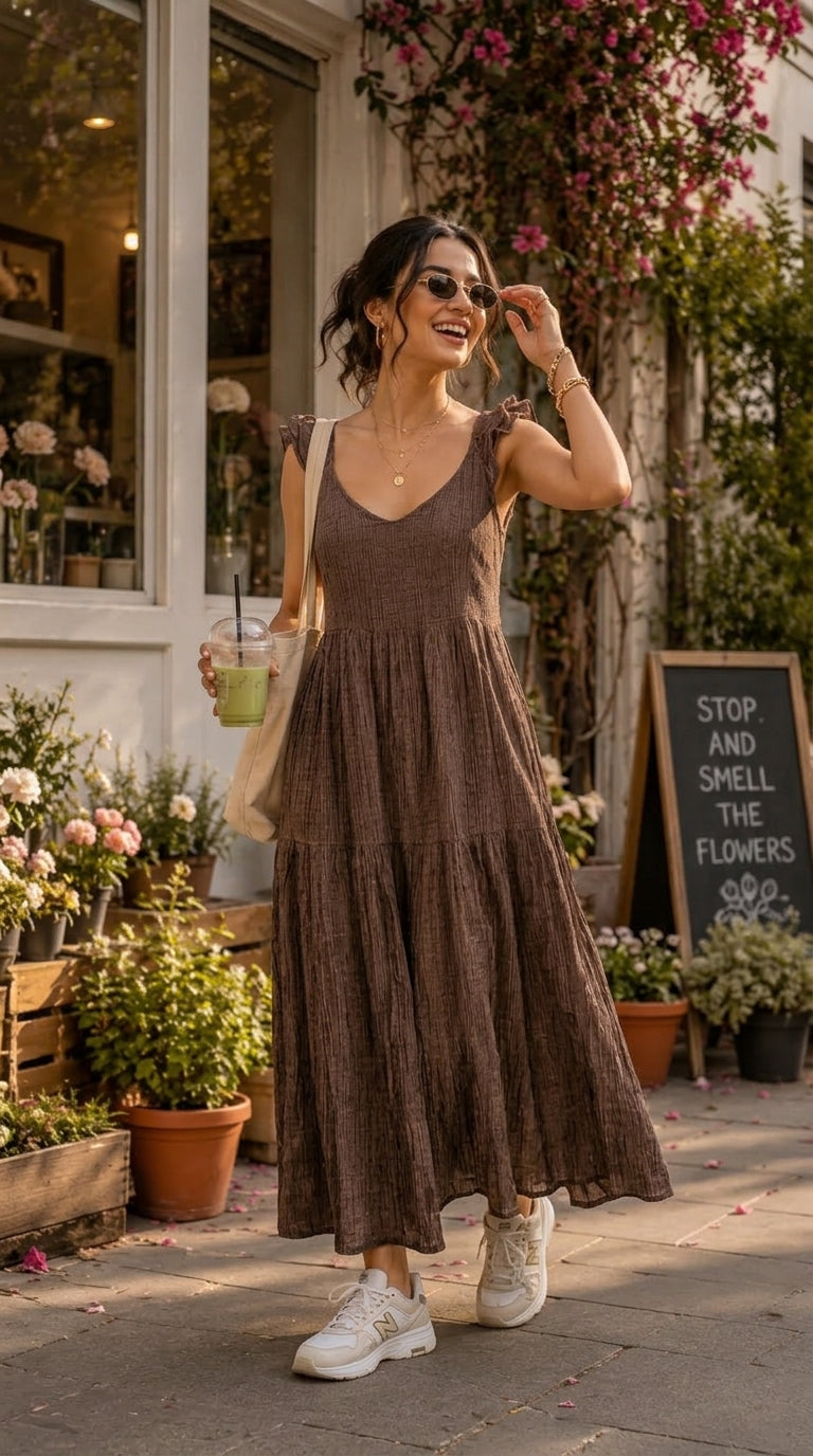 mocha brown dress TIERED COTTON DENIM MAXI length full skirt offers Style:Dress + Train + Hair Accessory Wool Stretch Bengaline Suit Furniture > Cabinets & Storage