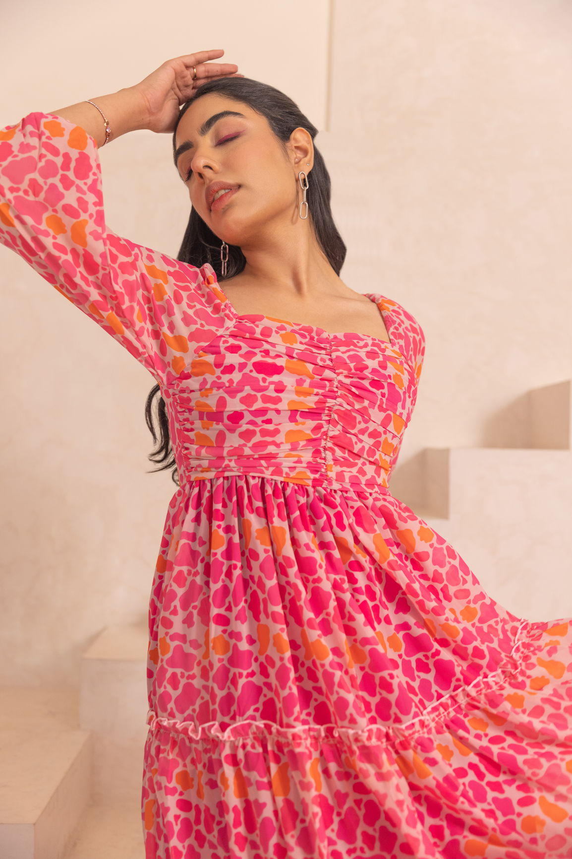 MOSAIC PRINT MAXI dress in vibrant pink and orange patterns.