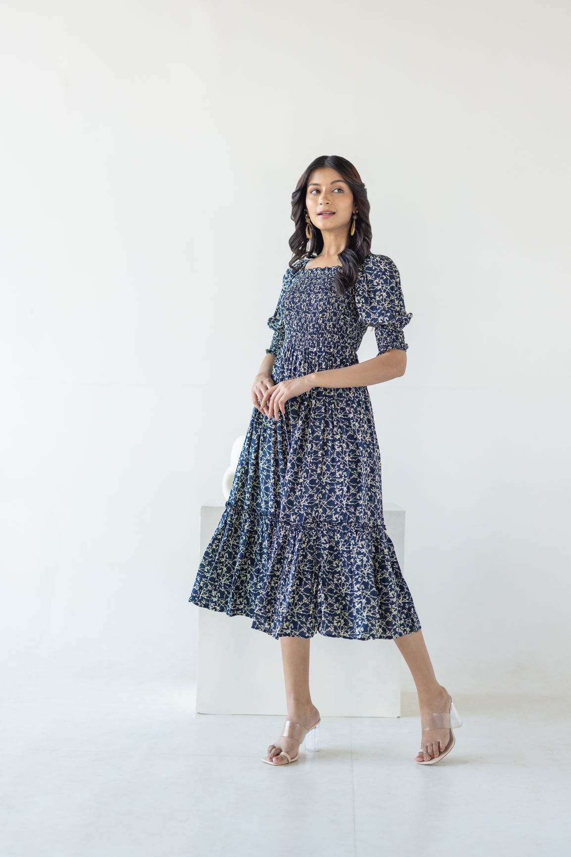 Navy mosaic cotton maxi dress on a model, stylish summer fashion.