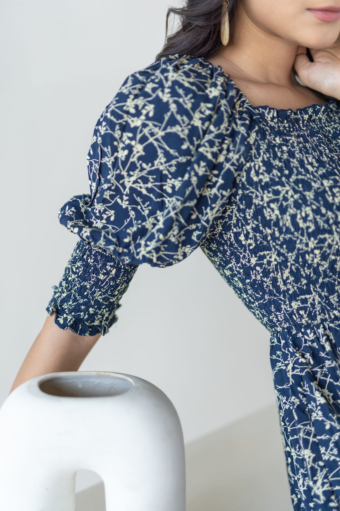 Stylish navy mosaic cotton maxi dress with puff sleeves.