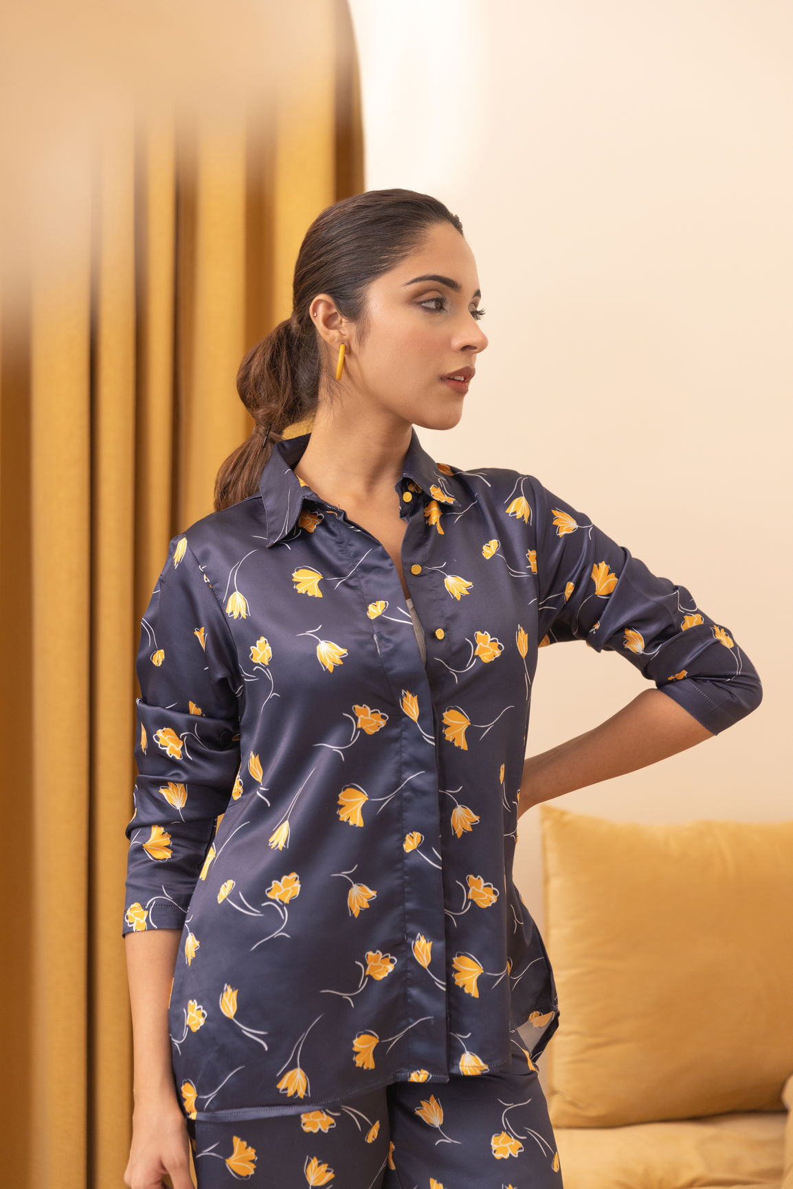 Navy satin co-ord set with floral design, stylish and elegant.