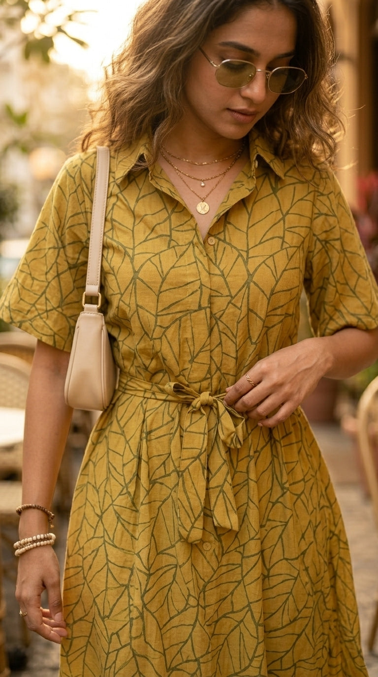 OLIVE LEAF PRINT SHIRT DRESS