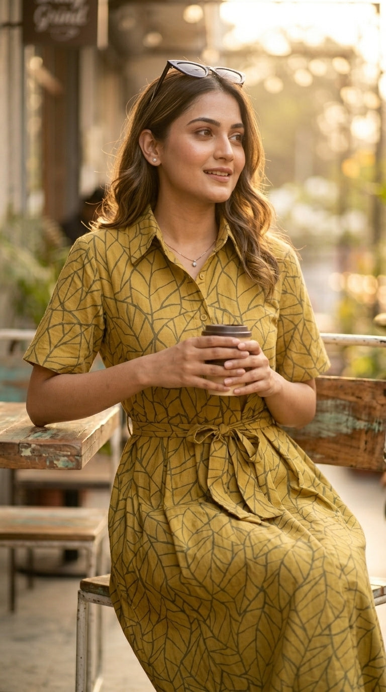 OLIVE LEAF PRINT SHIRT DRESS