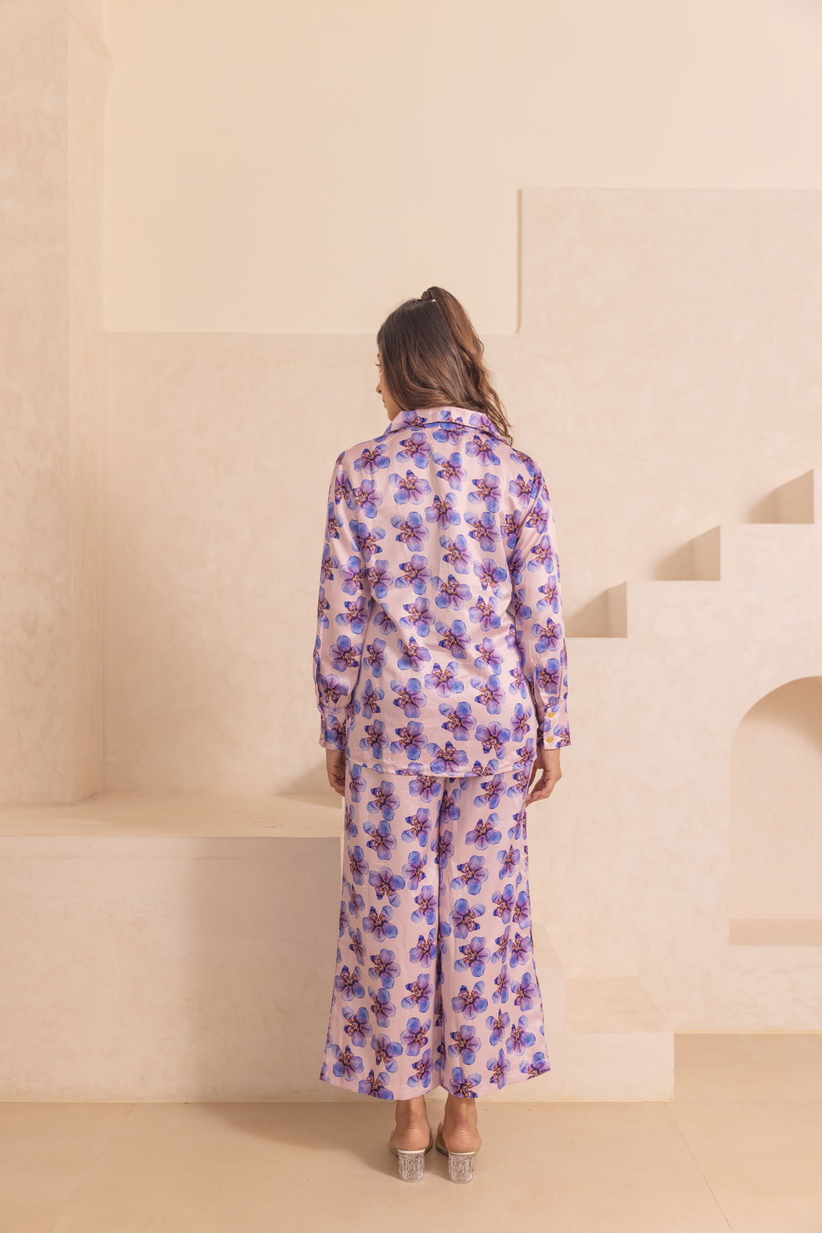 Pastel satin co-ord with floral design, perfect for stylish loungewear.