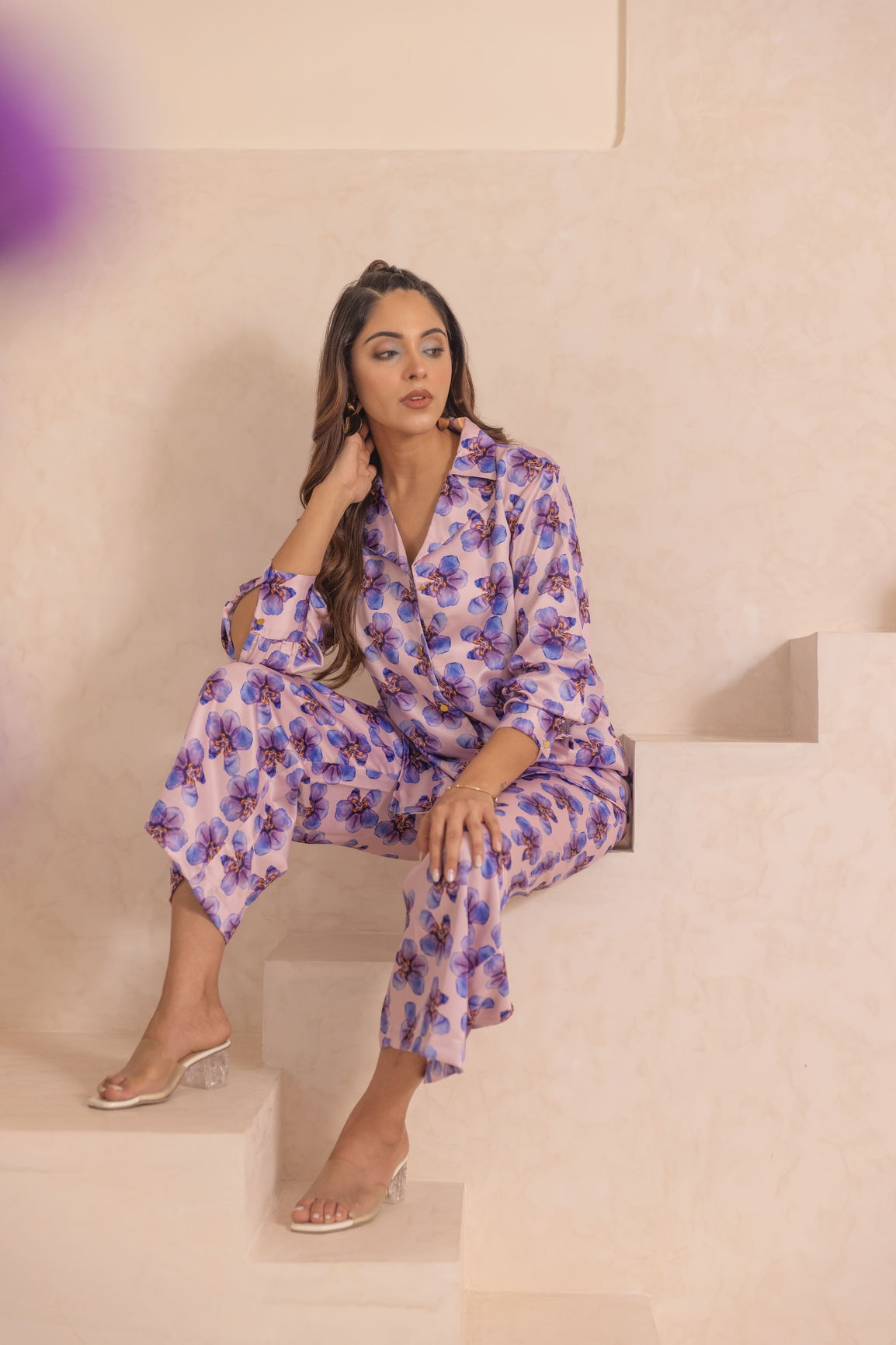 Pastel satin co-ord set with floral pattern and stylish model.