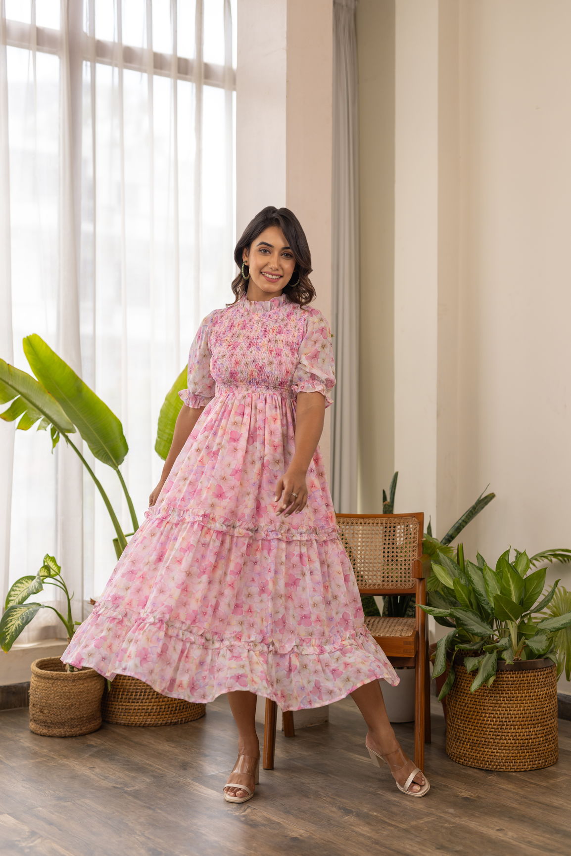 PASTEL SMOCKED TIERED MAXI