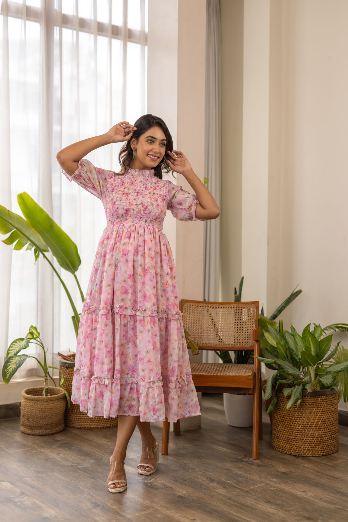 PASTEL SMOCKED TIERED MAXI