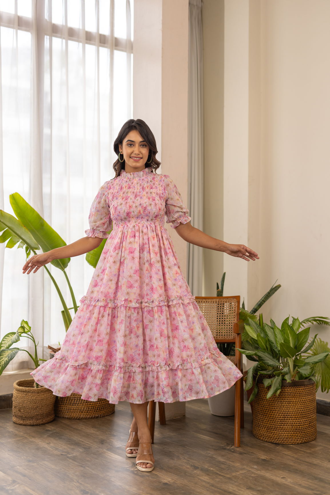 PASTEL SMOCKED TIERED MAXI