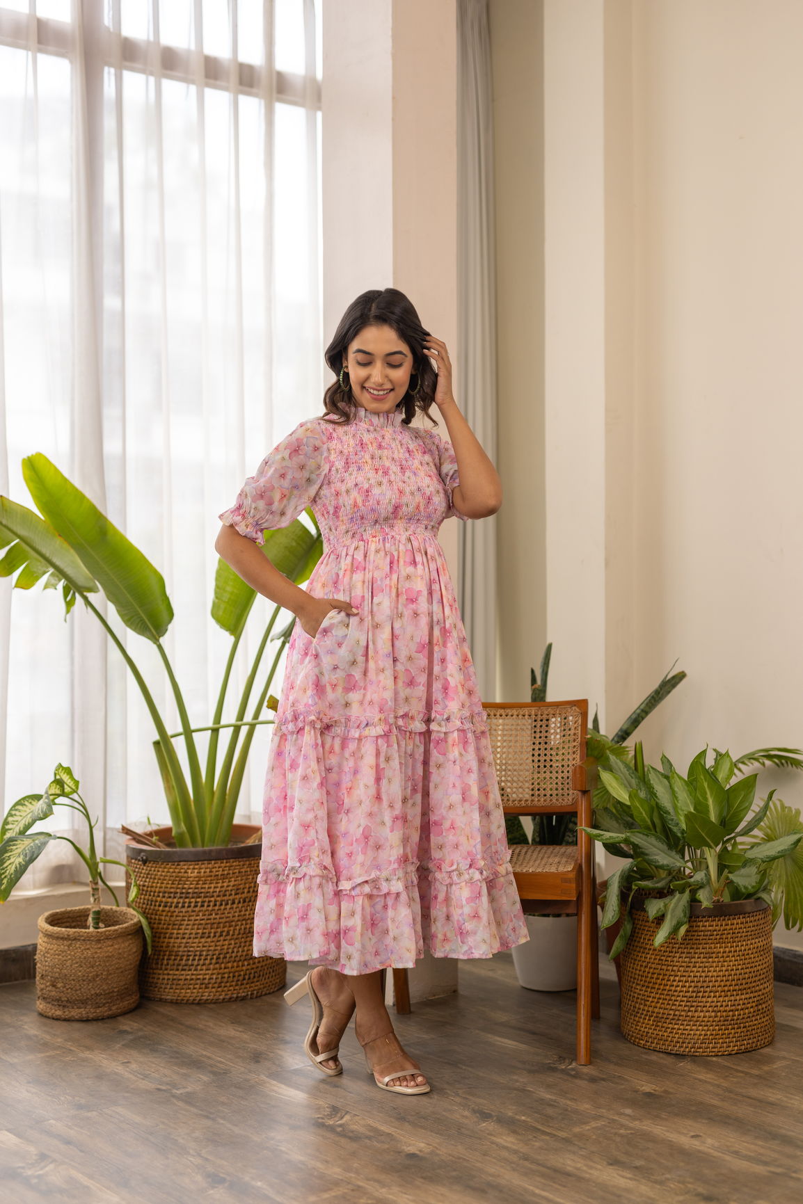 PASTEL SMOCKED TIERED MAXI