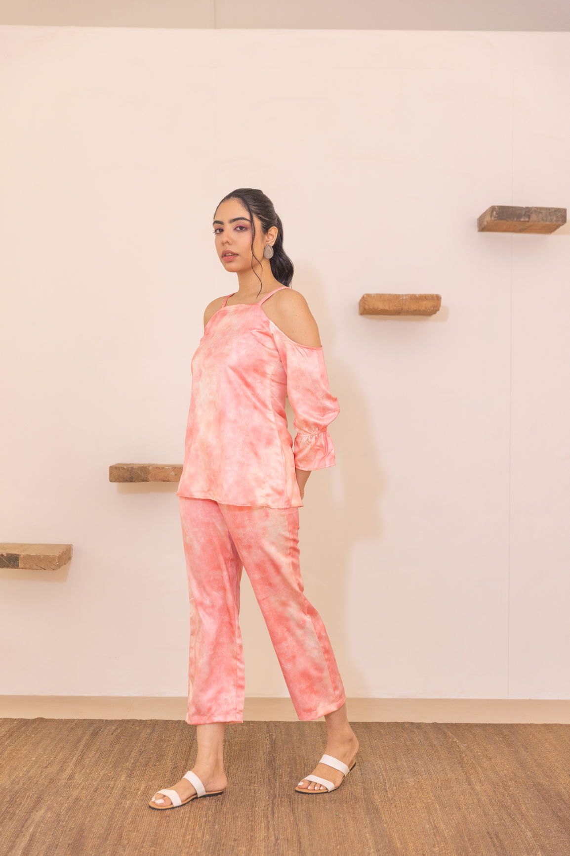 Peach off-shoulder co-ord set featuring stylish comfortable design.