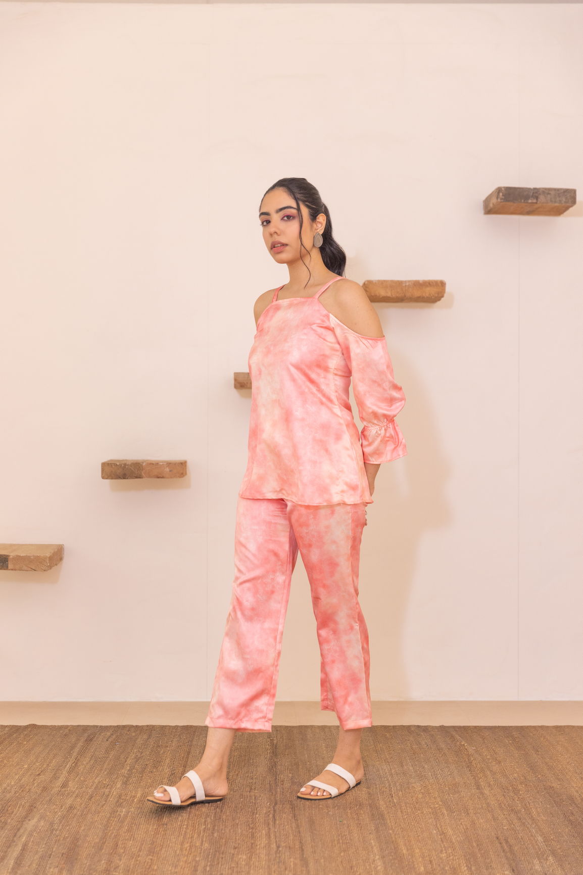 Peach off-shoulder co-ord set stylish summer outfit for women.