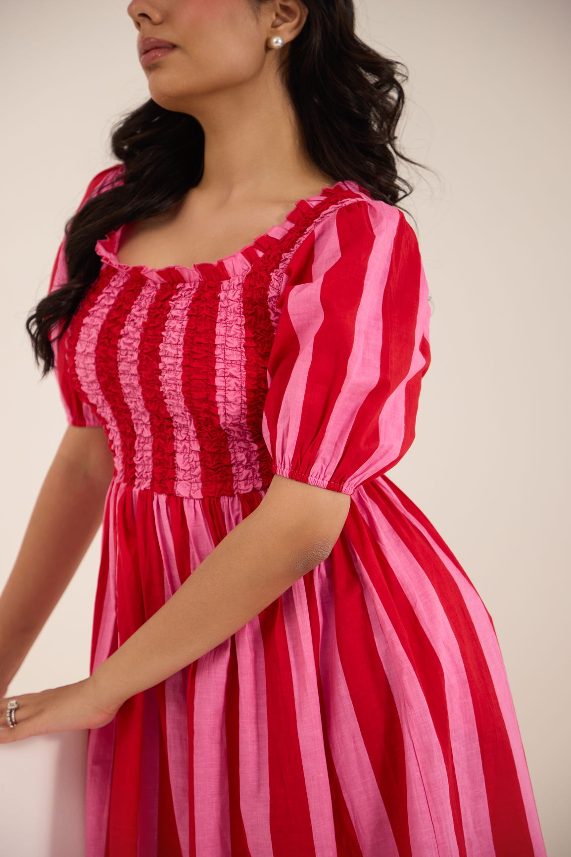 PINK STRIPED COTTON SMOCKED MAXI