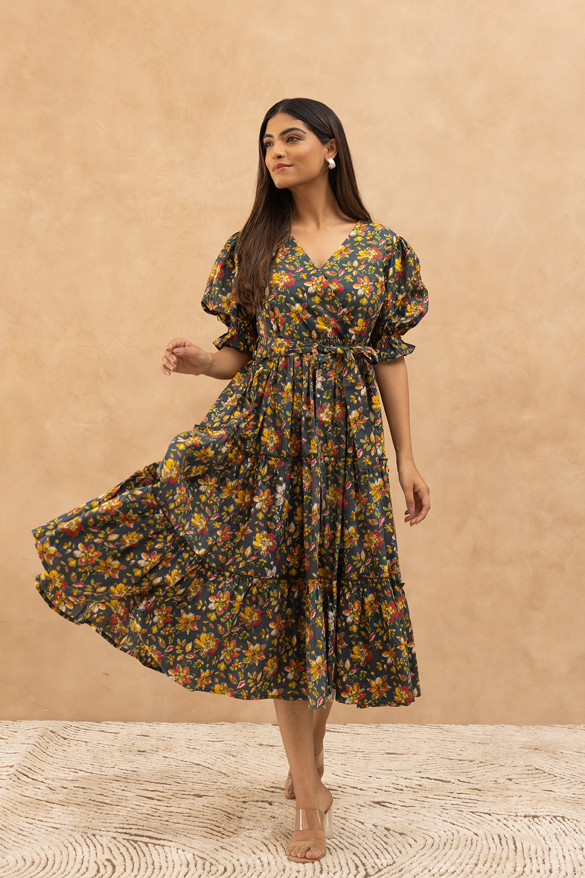 GREEN FLORAL COTTON MAXI DRESS