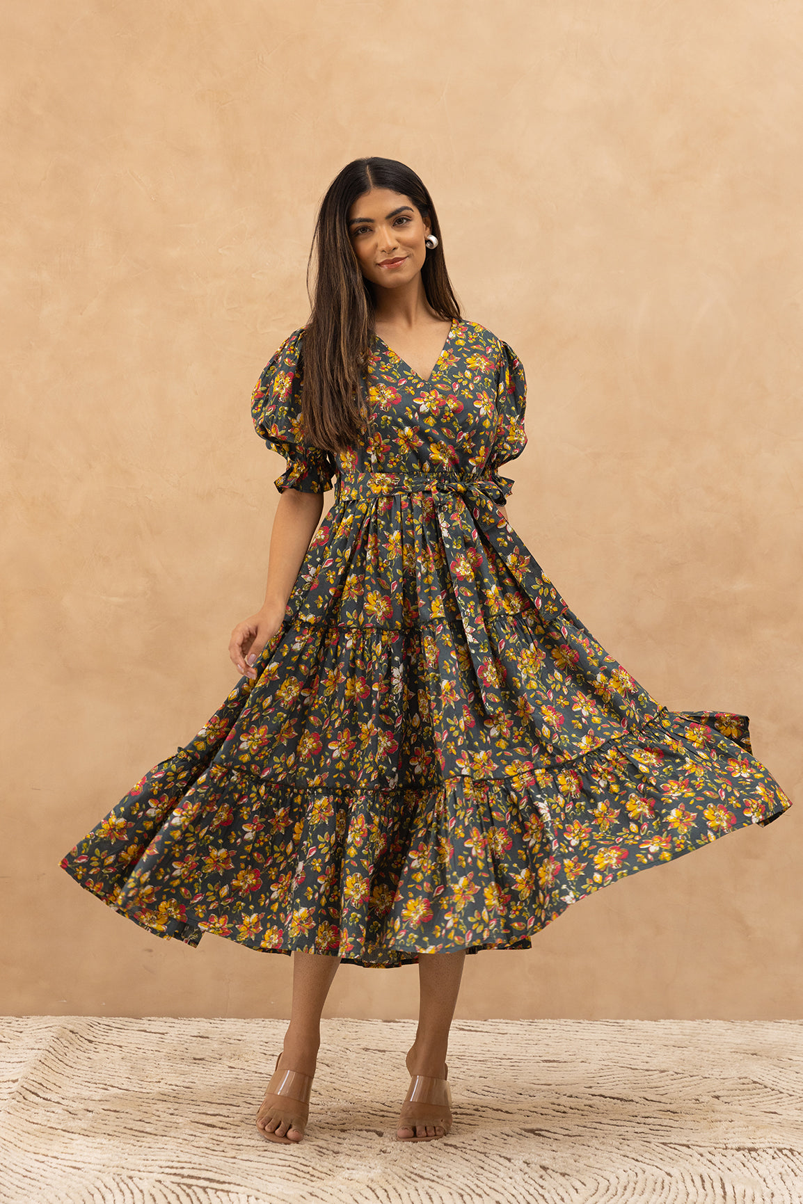 GREEN FLORAL COTTON MAXI DRESS