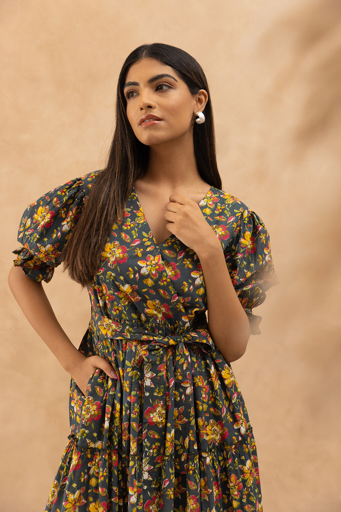 GREEN FLORAL COTTON MAXI DRESS