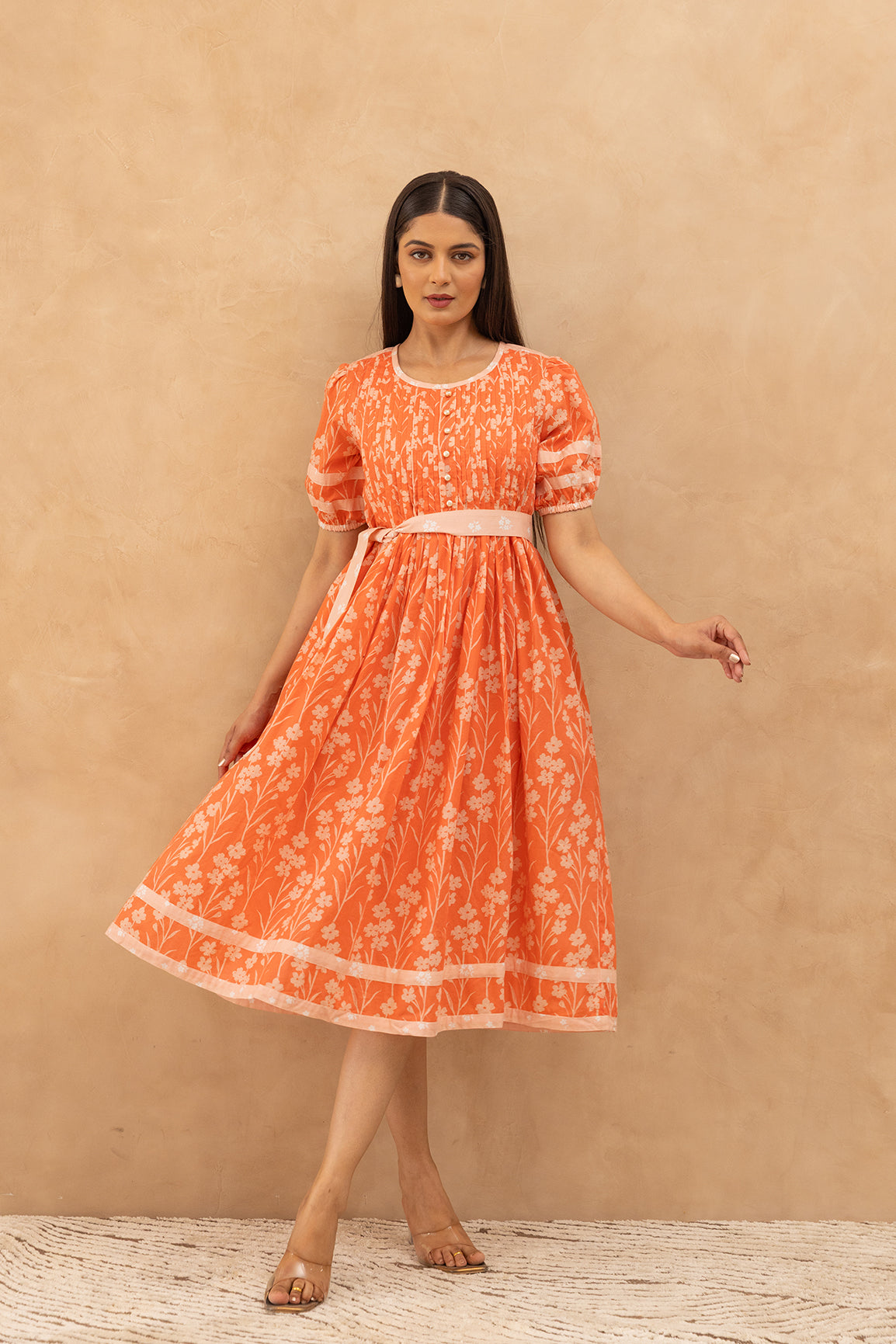ORANGE PINTUCK COTTON DRESS